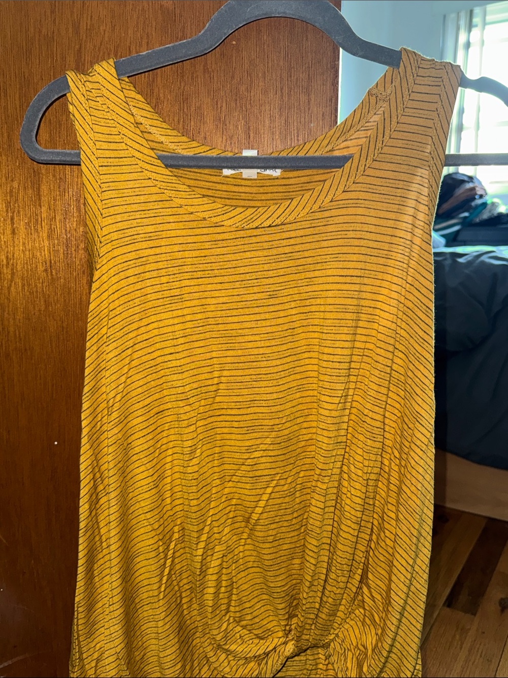 nine britton Mustard Yellow Striped Knot-Front Tank Top